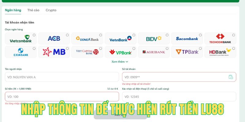 Điền dữ liệu biểu mẫu rút tiền LU88 để thanh toán